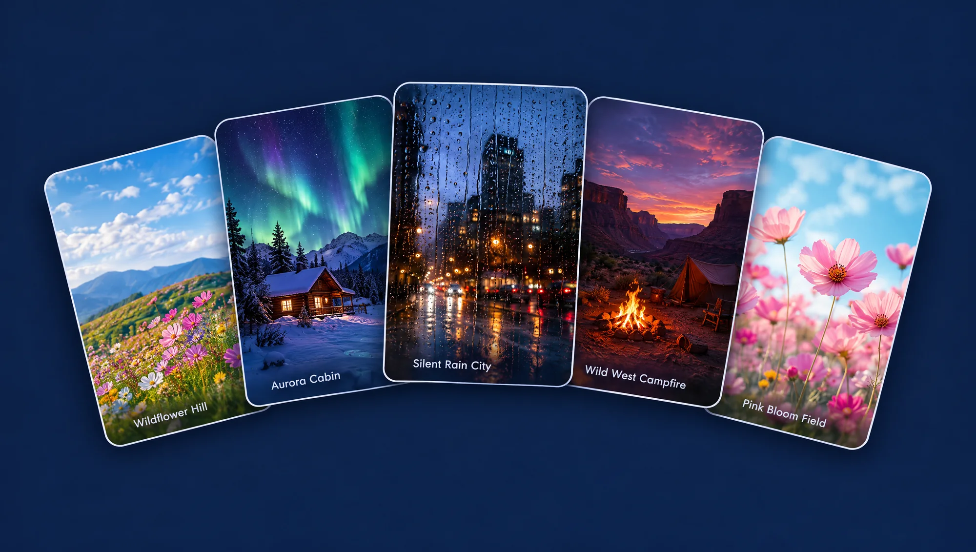 Five room cards fanned out: Wildflower Hill, Aurora Cabin, Silent Rain City, Wild West Campfire, Pink Bloom Field
