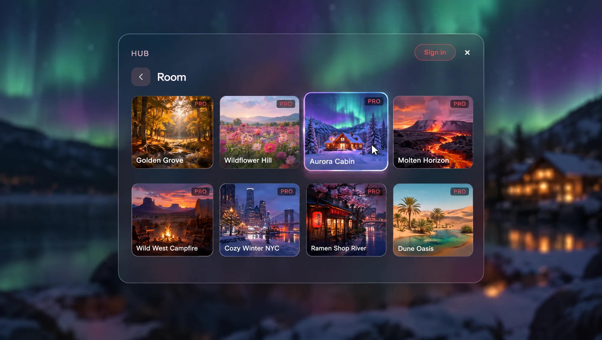 The Room panel over the Aurora Cabin room: a grid of rooms, Golden Grove, Wildflower Hill, Aurora Cabin, Molten Horizon and more, the cursor on Aurora Cabin