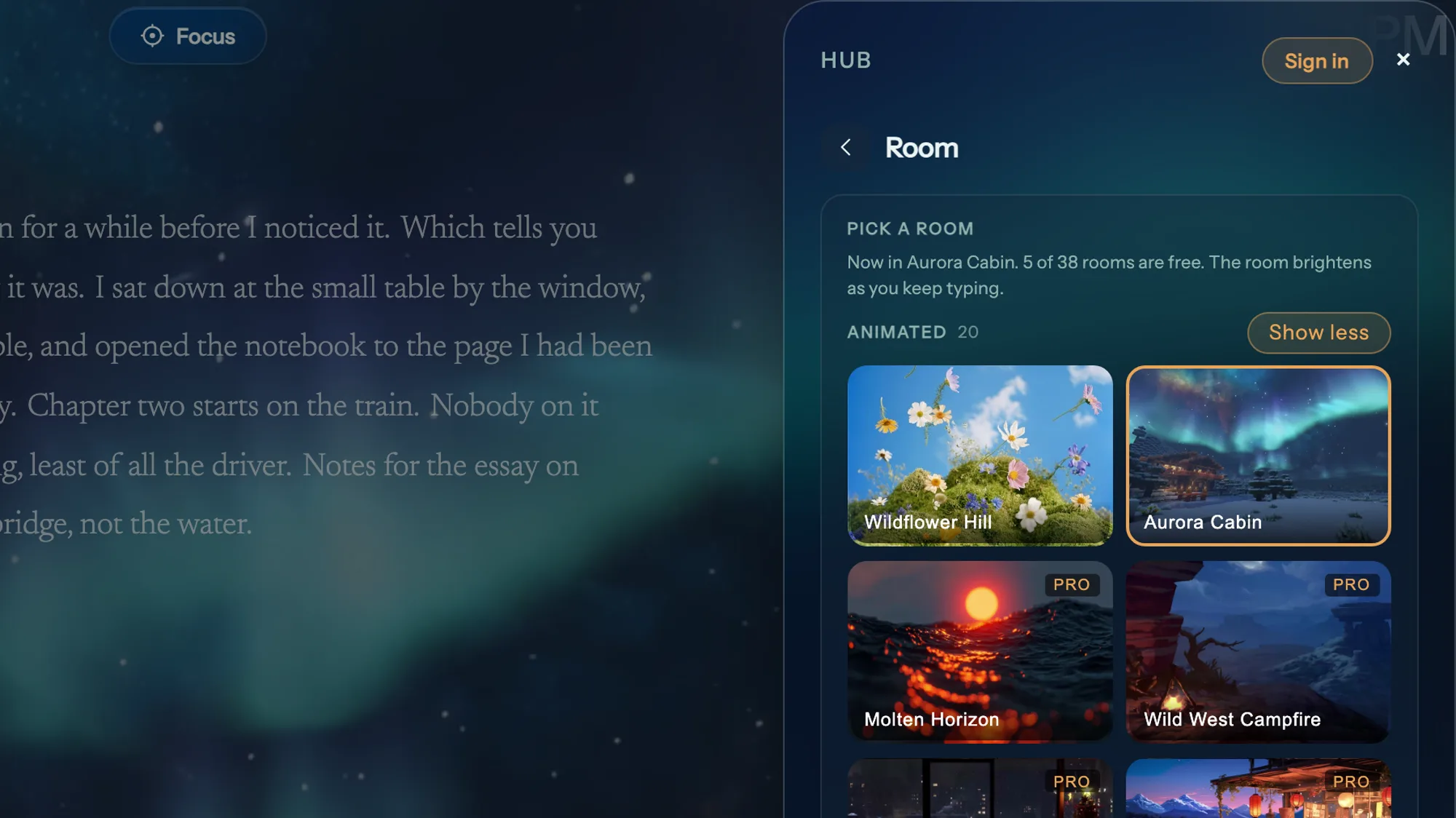 The Room panel: Wildflower Hill, Aurora Cabin, Molten Horizon, Wild West Campfire, Cozy Winter NYC and more