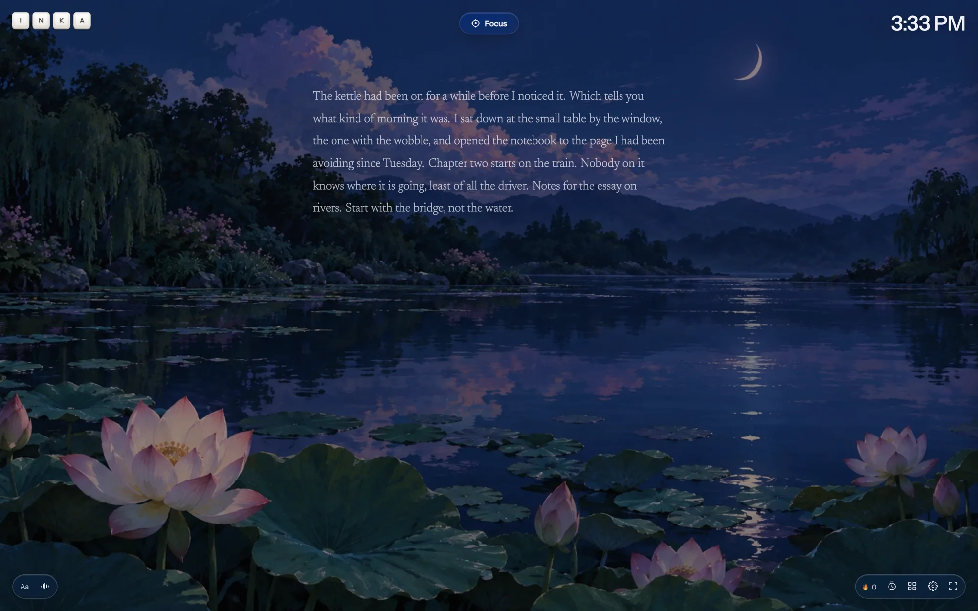 Writing in the Moon Garden room, a still picture of lotus flowers on a lake at night behind the page