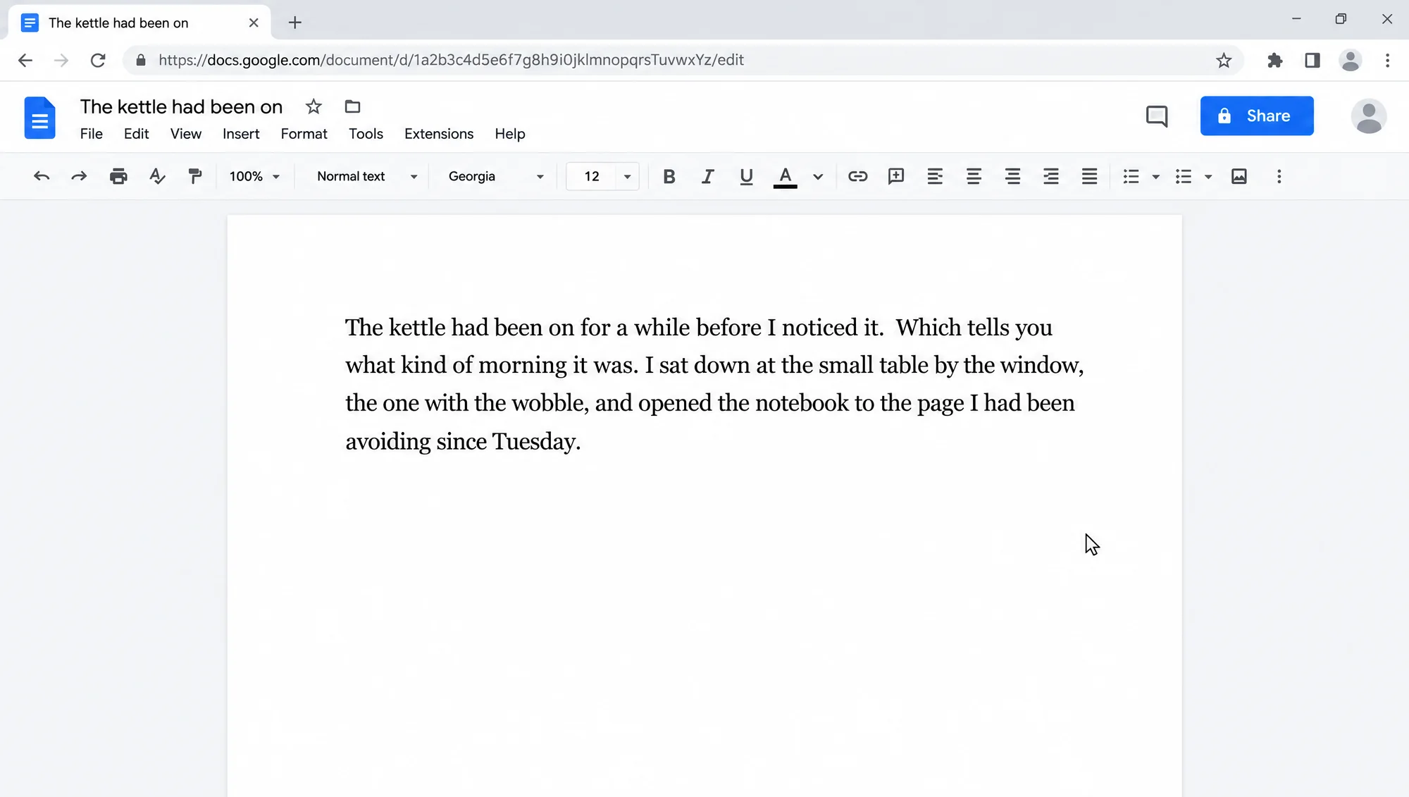 The same piece open in Google Docs