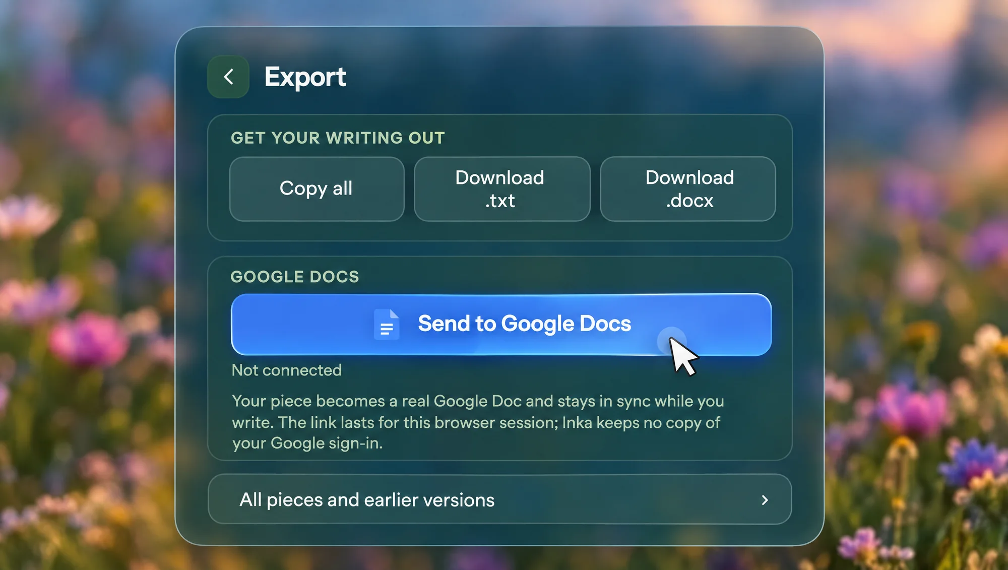 The Export panel: Copy all, Download .txt, Download .docx, and the cursor on Send to Google Docs
