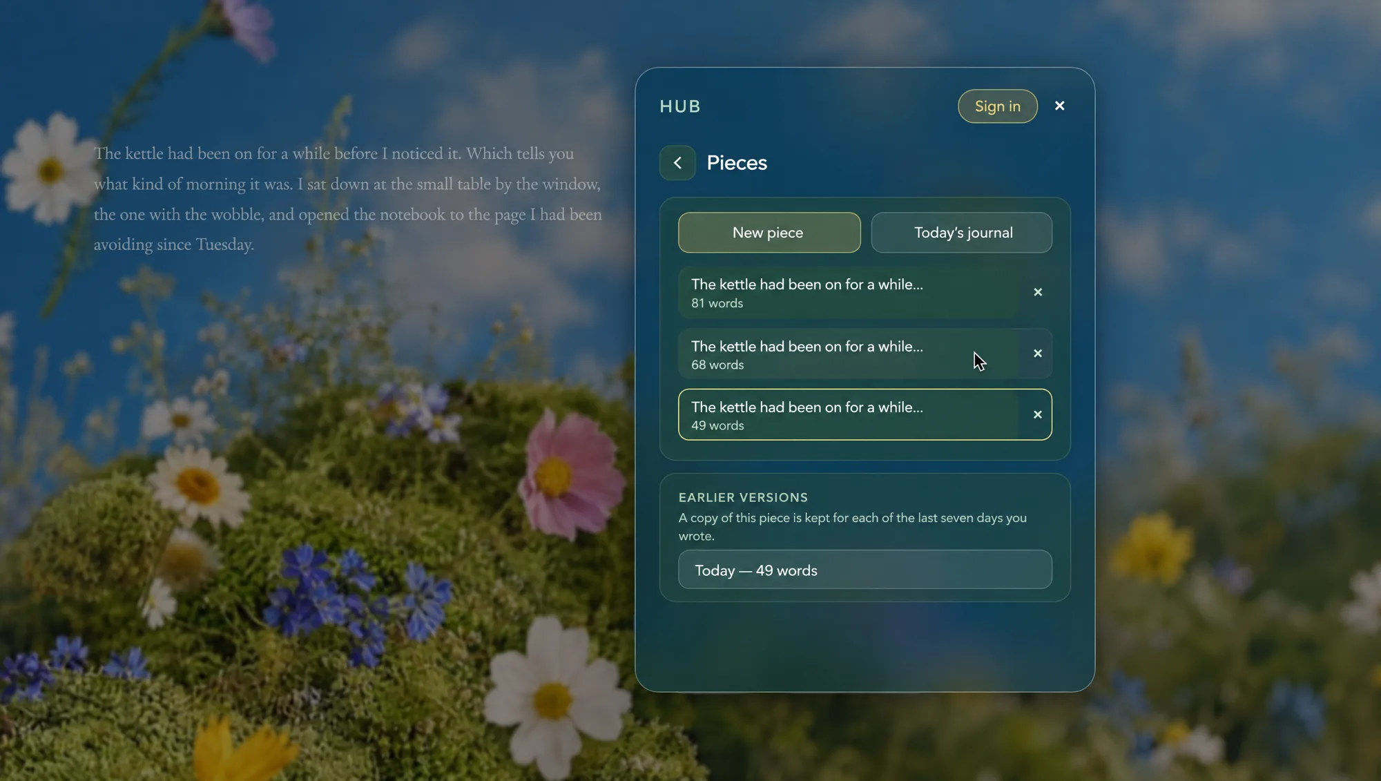 The Pieces panel over the Wildflower Hill room: New piece, Today's journal, three saved pieces with word counts, and Earlier versions