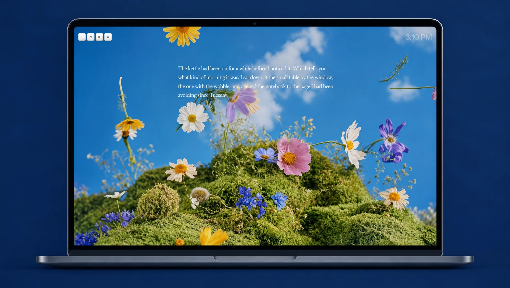 A piece written in Inka over the Wildflower Hill room, on a laptop