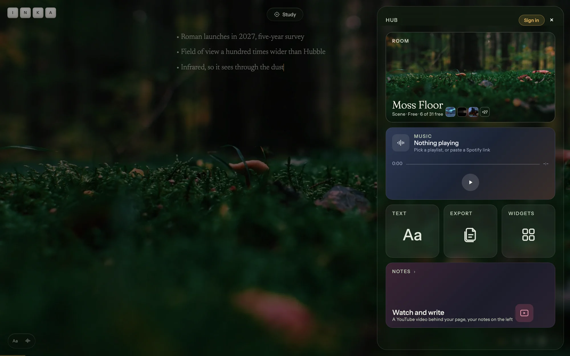 The Hub: Room, Music, Text, Export and Widgets tiles, with the Notes tile at the bottom