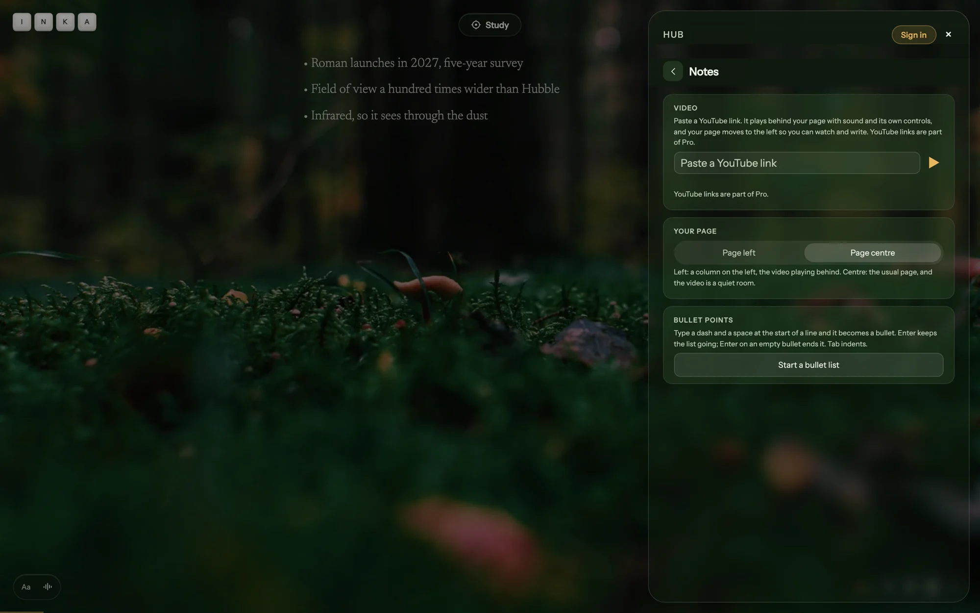The Notes section in Settings: a box for a YouTube link, Page left or Page centre, and a Start a bullet list button