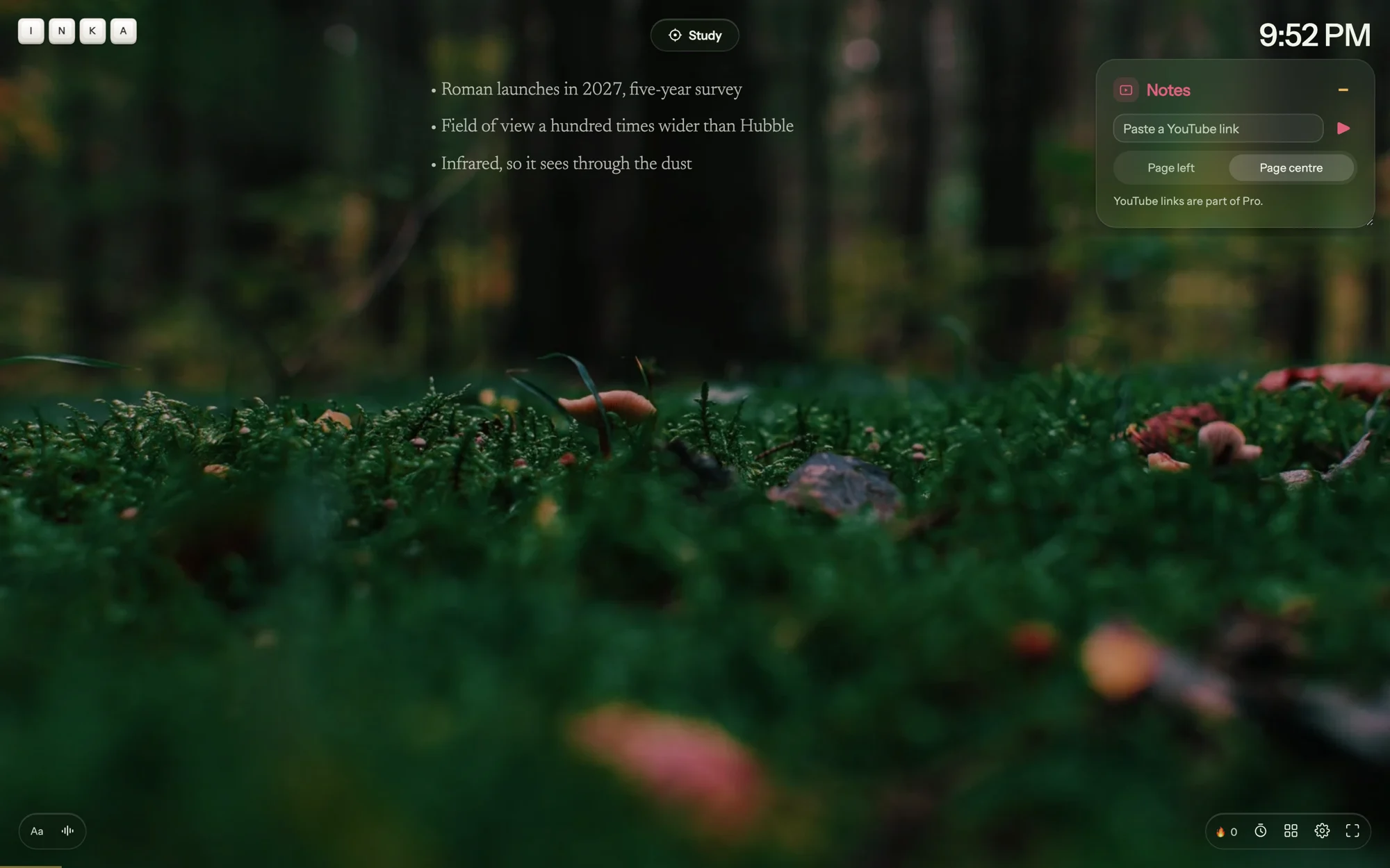 The Notes widget pinned on screen: a YouTube link box, Page left and Page centre