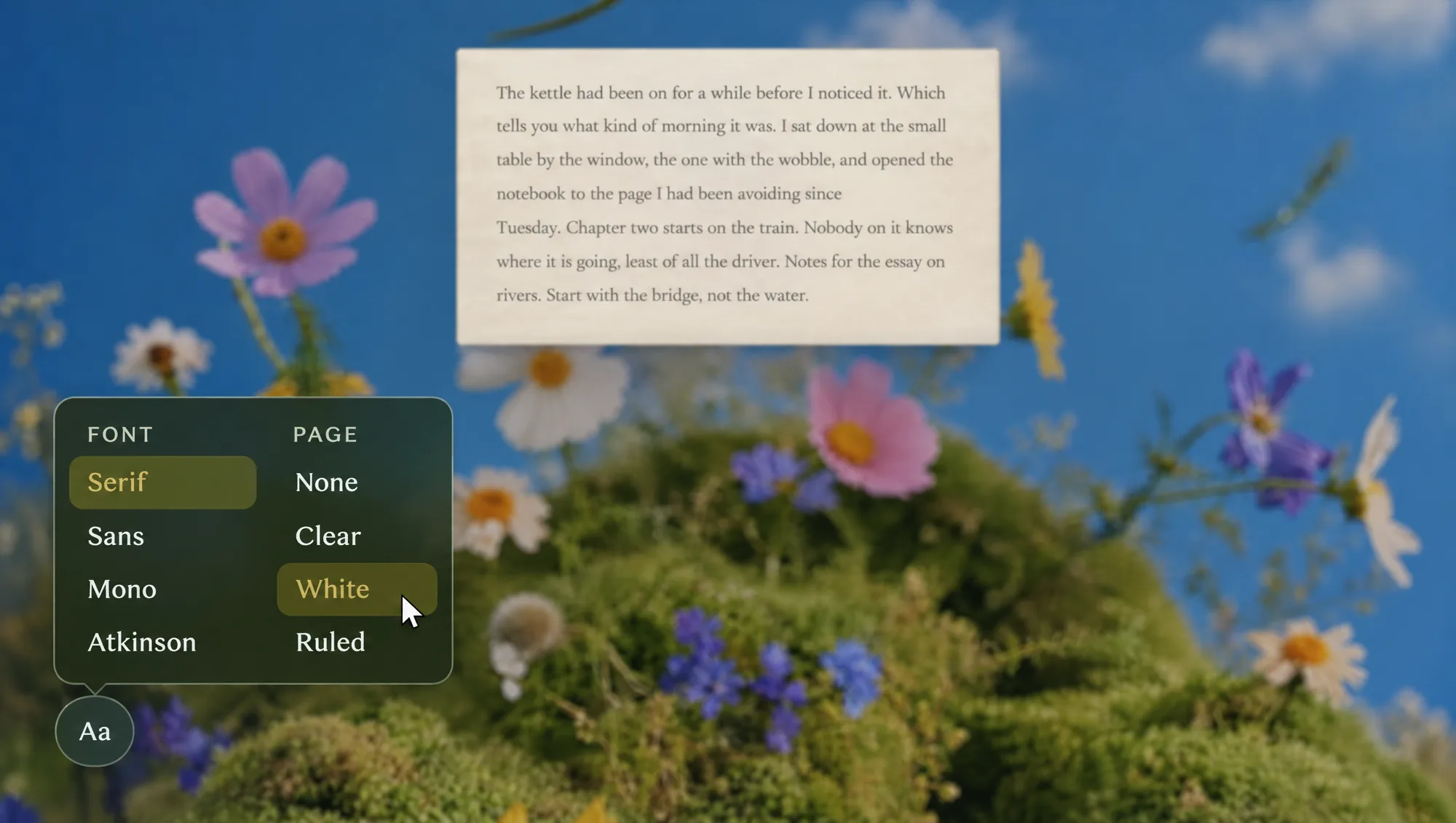 The Aa menu at the bottom of the screen: Serif, Sans, Mono, Atkinson, and None, Clear, White, Ruled, the cursor on White