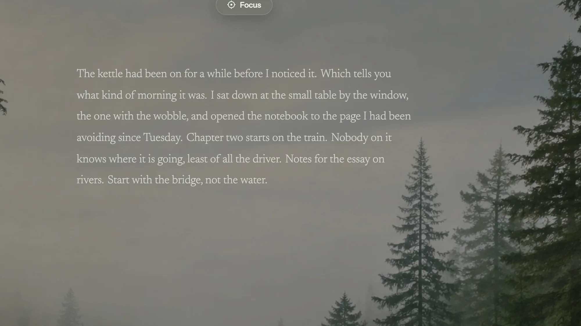 A paragraph in the serif typeface over the Misty Forest room