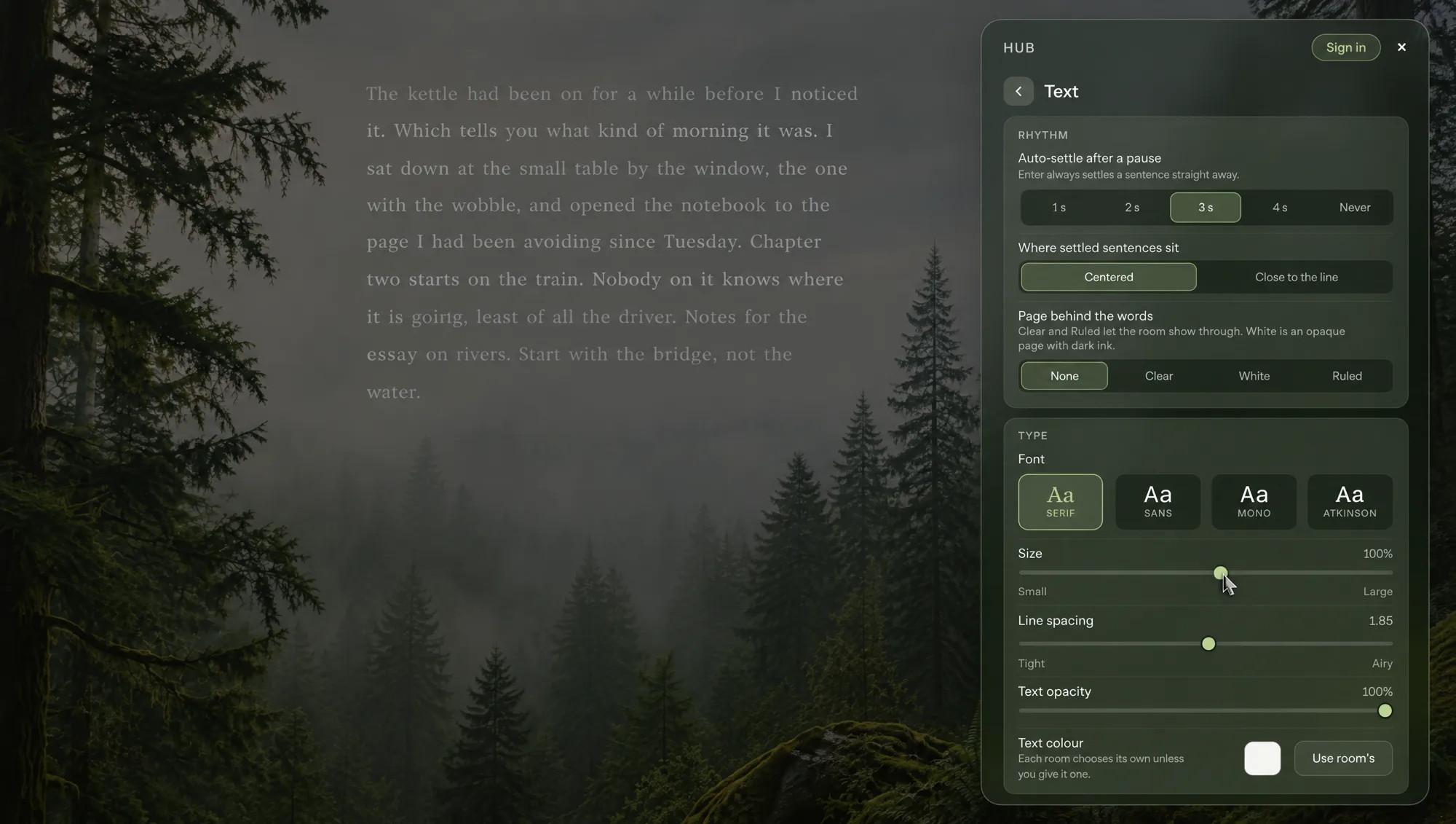 The Text section: page, font, size, line spacing, text opacity and colour, the cursor on the size slider