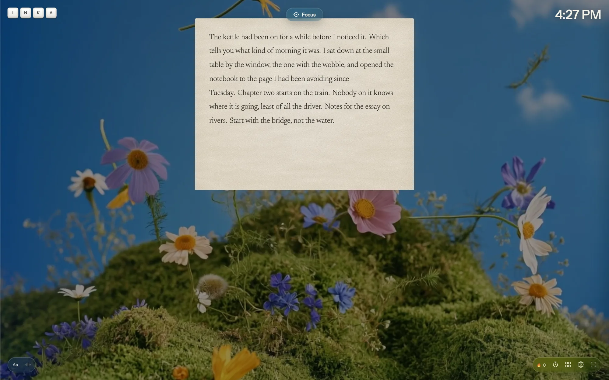 A paragraph on the white paper page over the Wildflower Hill room