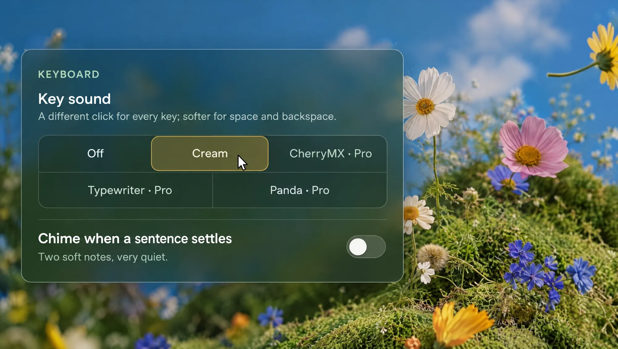 The Keyboard section of the sound panel over the Wildflower Hill room, the cursor on Cream