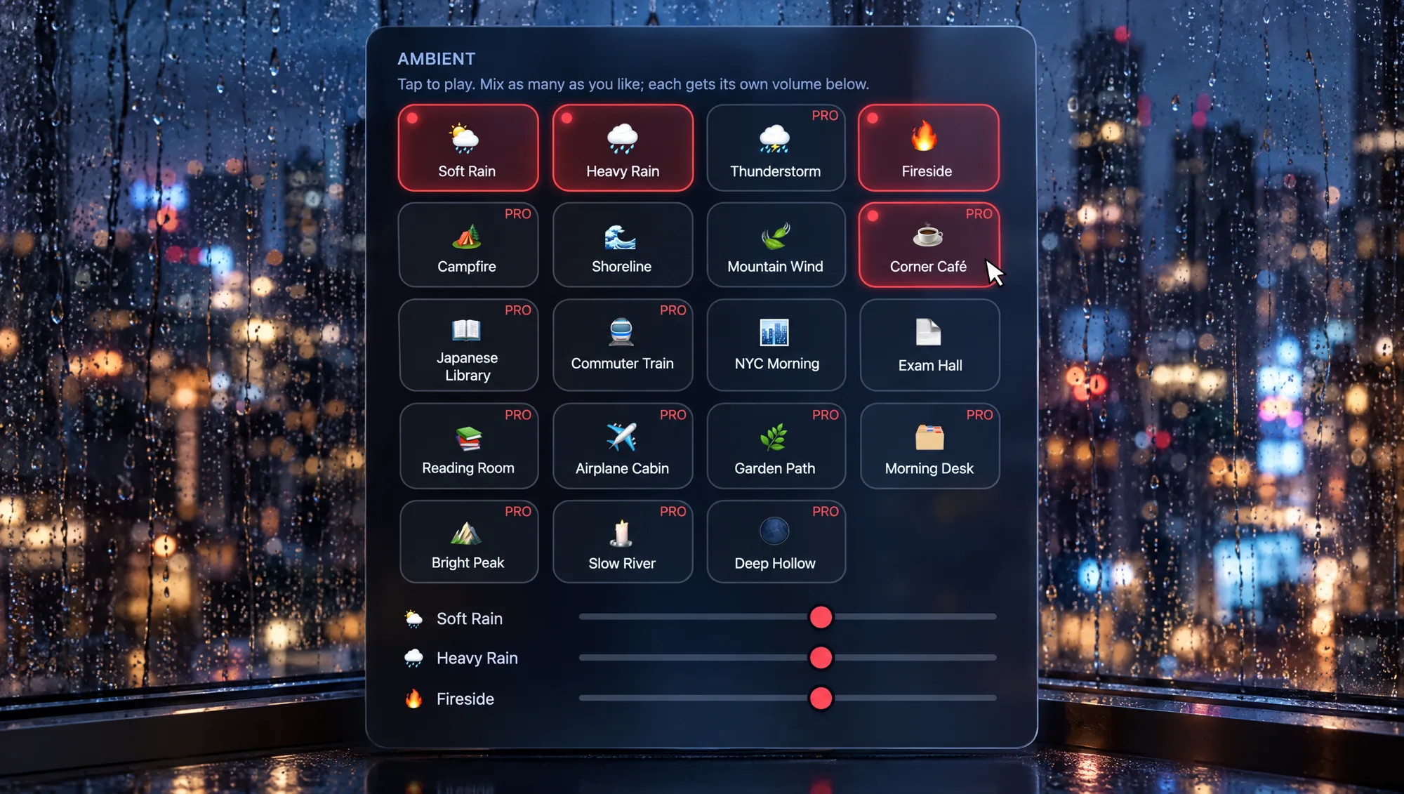 The sound panel over the Silent Rain City room: Soft Rain, Heavy Rain and Fireside playing, the cursor adding Corner Café