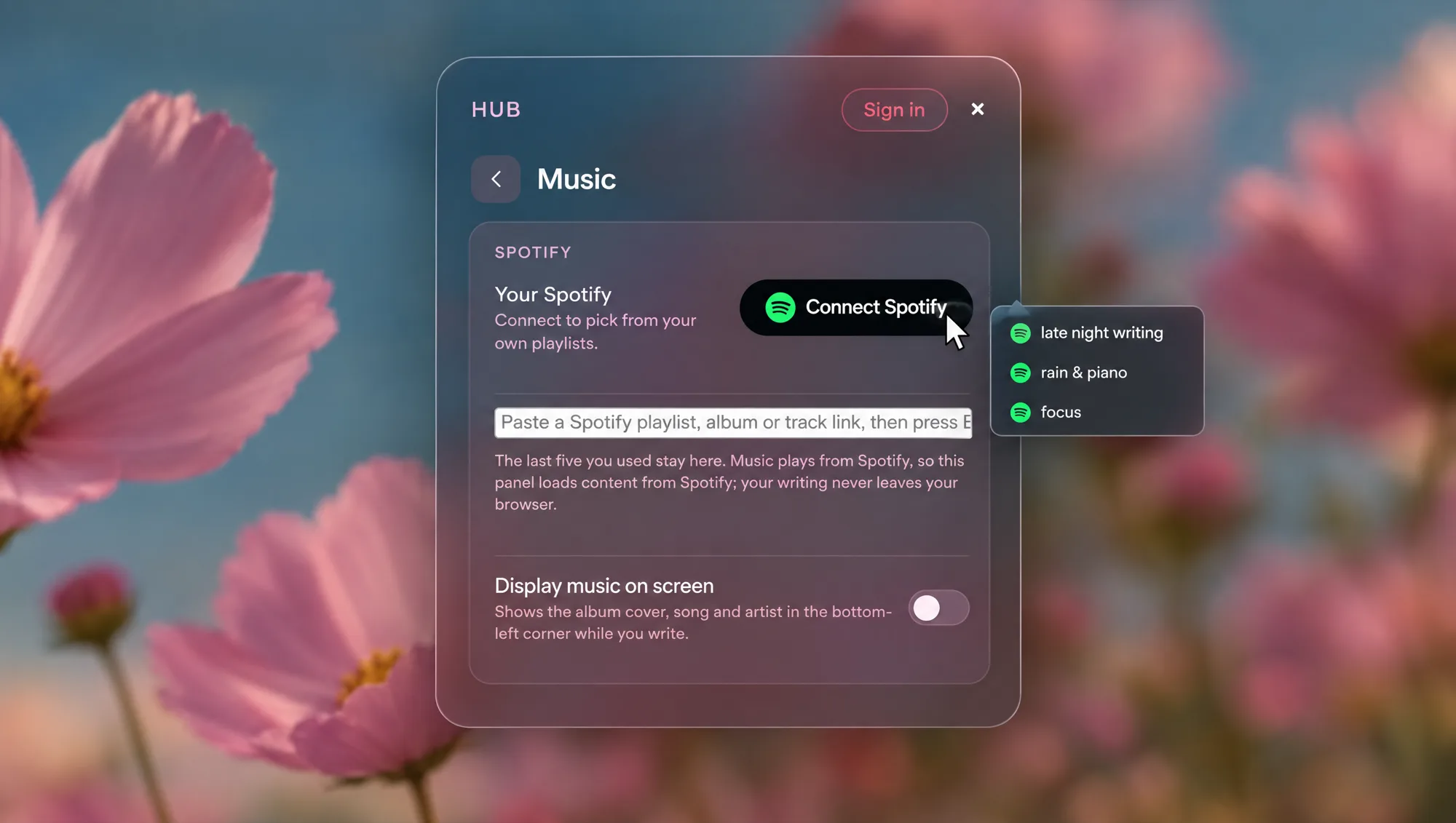 The Music panel over the Pink Bloom Field room, the cursor on Connect Spotify with a list of playlists open