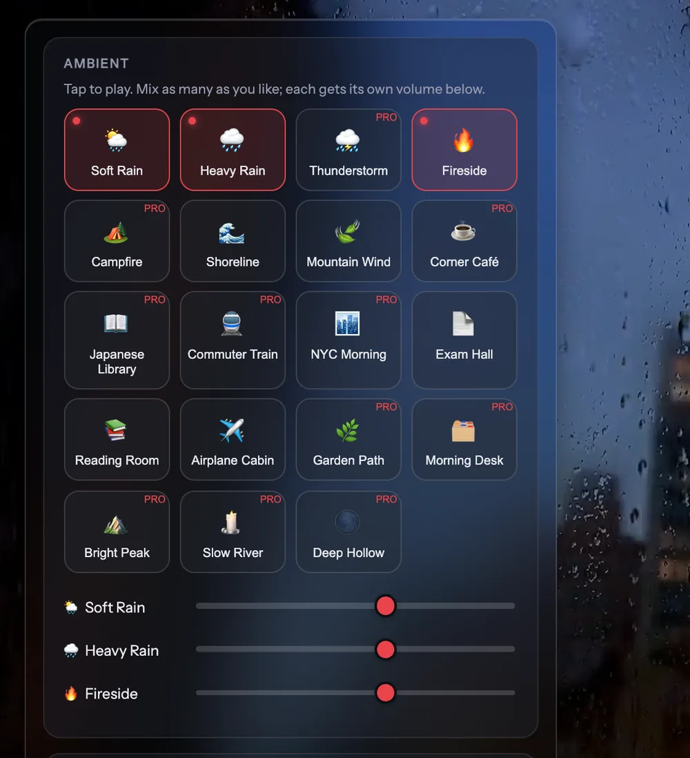 Three sounds playing at once, Soft Rain, Heavy Rain and Fireside, each with its own volume slider