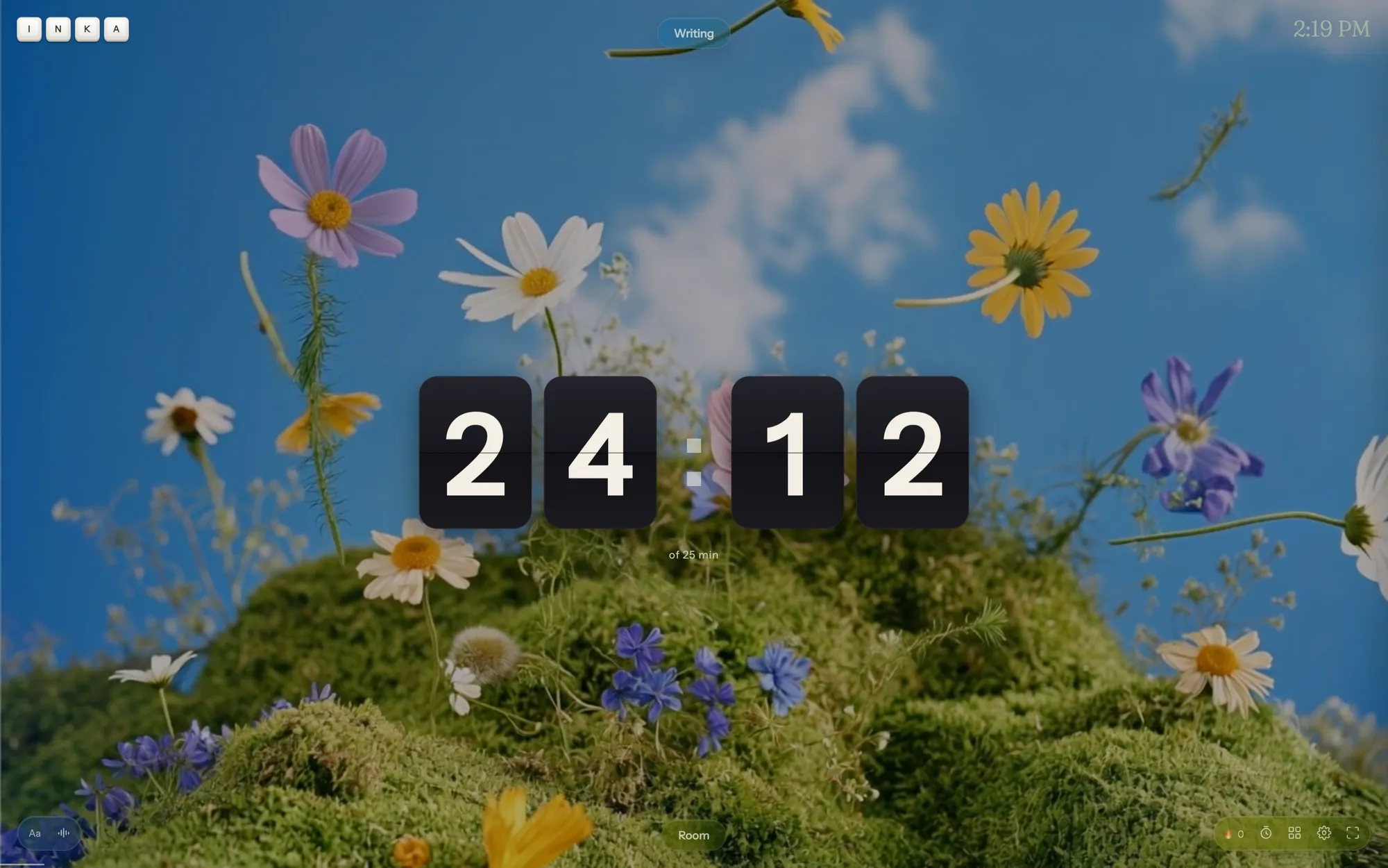 A flip clock reading 24:12 in the Wildflower Hill room