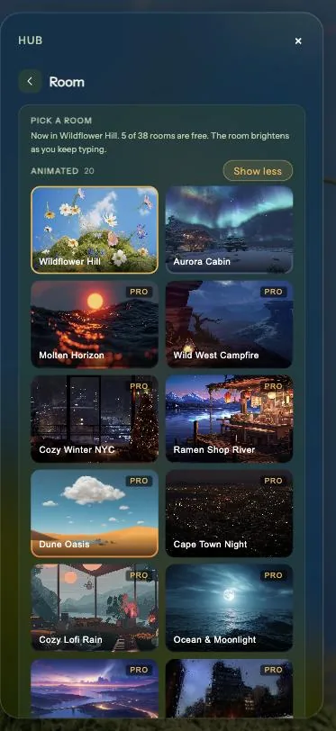 The Room section of the Hub showing a grid of animated rooms: Wildflower Hill selected, Aurora Cabin, Molten Horizon, Wild West Campfire, Cozy Winter NYC, Ramen Shop River, and more, some marked PRO.
