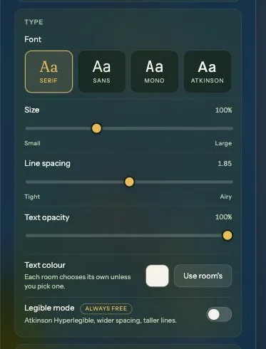 The Text section of the Hub: four font tiles, sliders for size, line spacing and text opacity, a text colour swatch, and the Legible mode switch marked Always free.