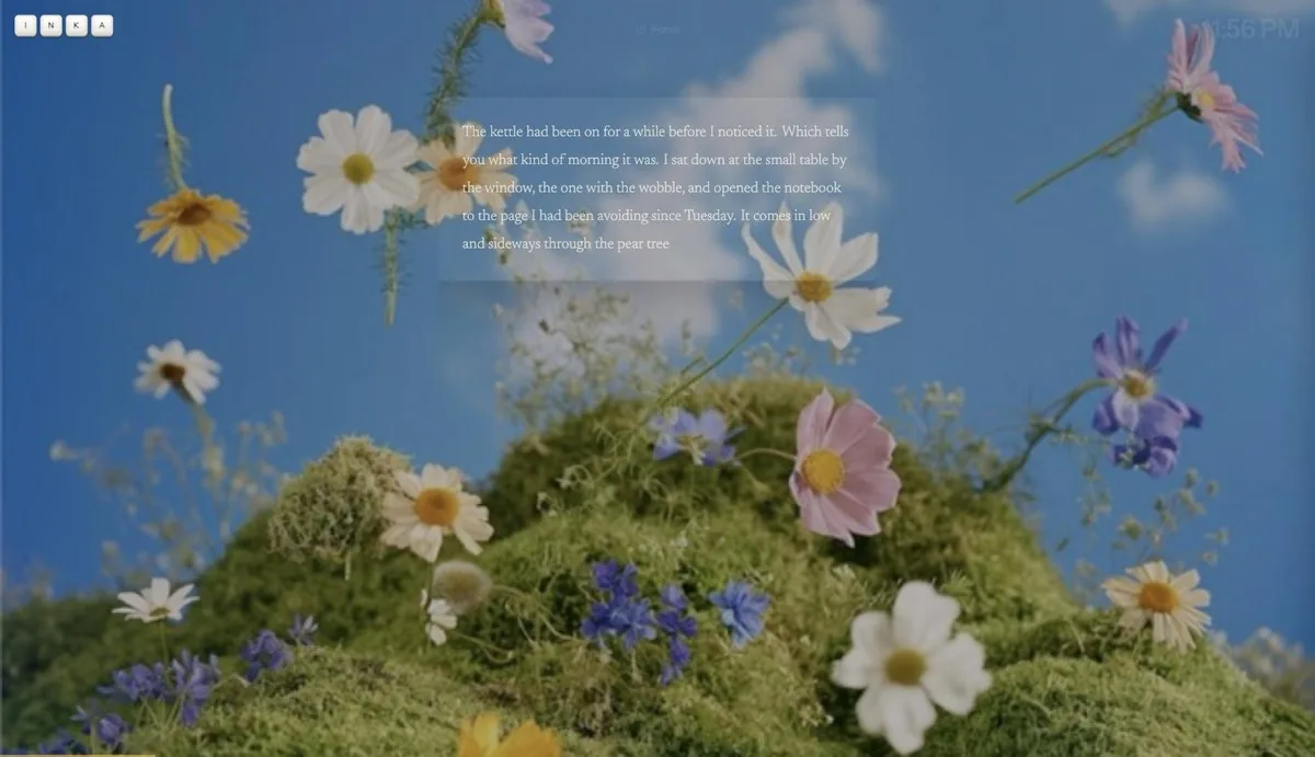 The same paragraph on a faint translucent sheet; the flowers show through it.