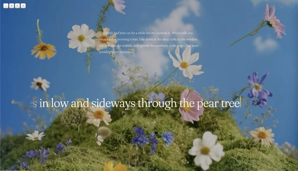 Inka with no page: light text floats directly over a field of wildflowers, the current sentence large along the bottom.