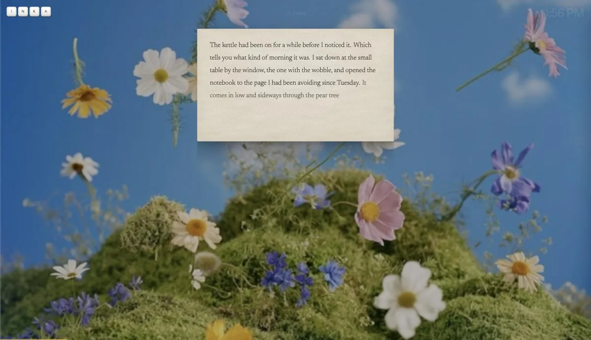 The same paragraph in dark ink on an opaque cream page floating over the flowers.