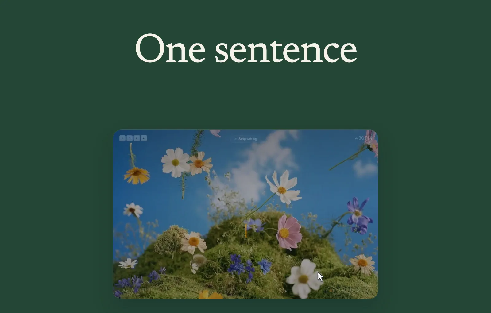 Inka: a sentence settling into the page above the line, then the rooms, the sound mixer and the study timer.