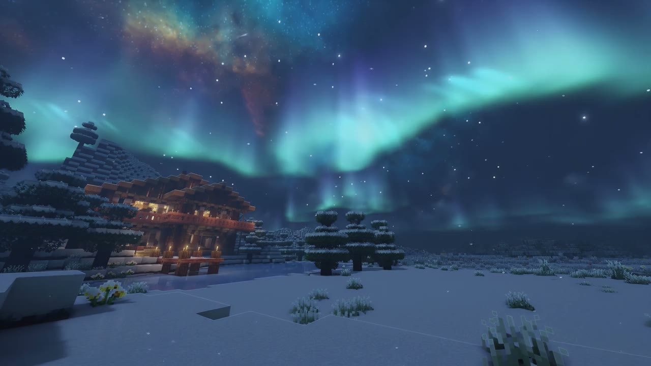 A blocky lit cabin in the snow under the northern lights