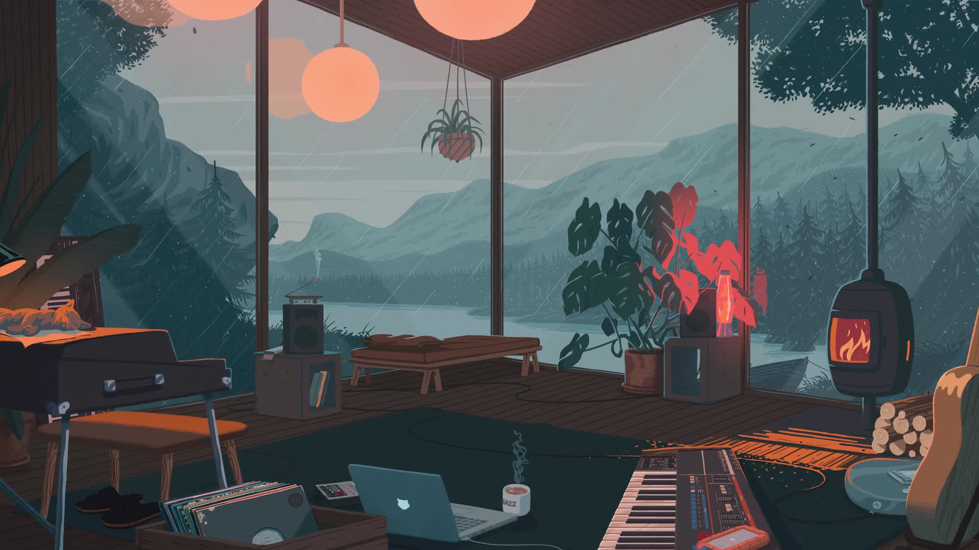 An illustrated lakeside room with a stove and a keyboard, rain over the mountains outside