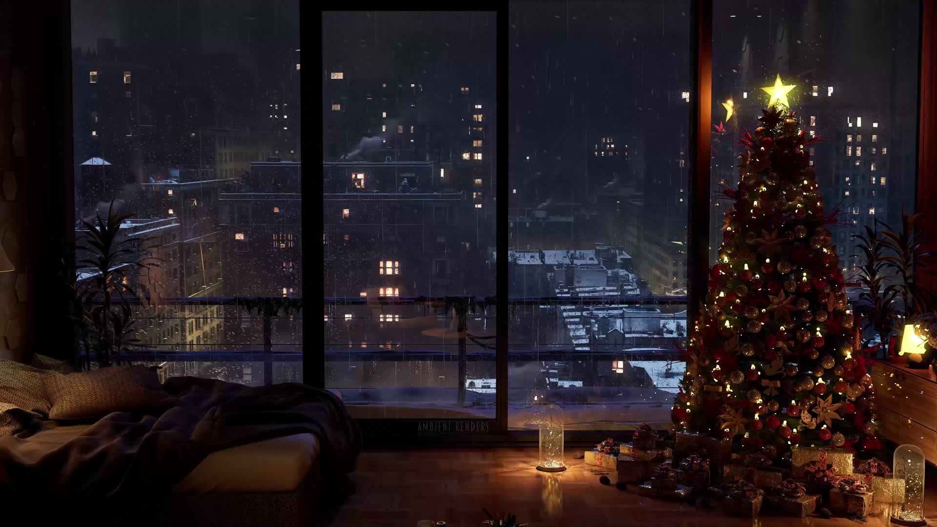 A Christmas tree by a tall window, snow falling on New York rooftops