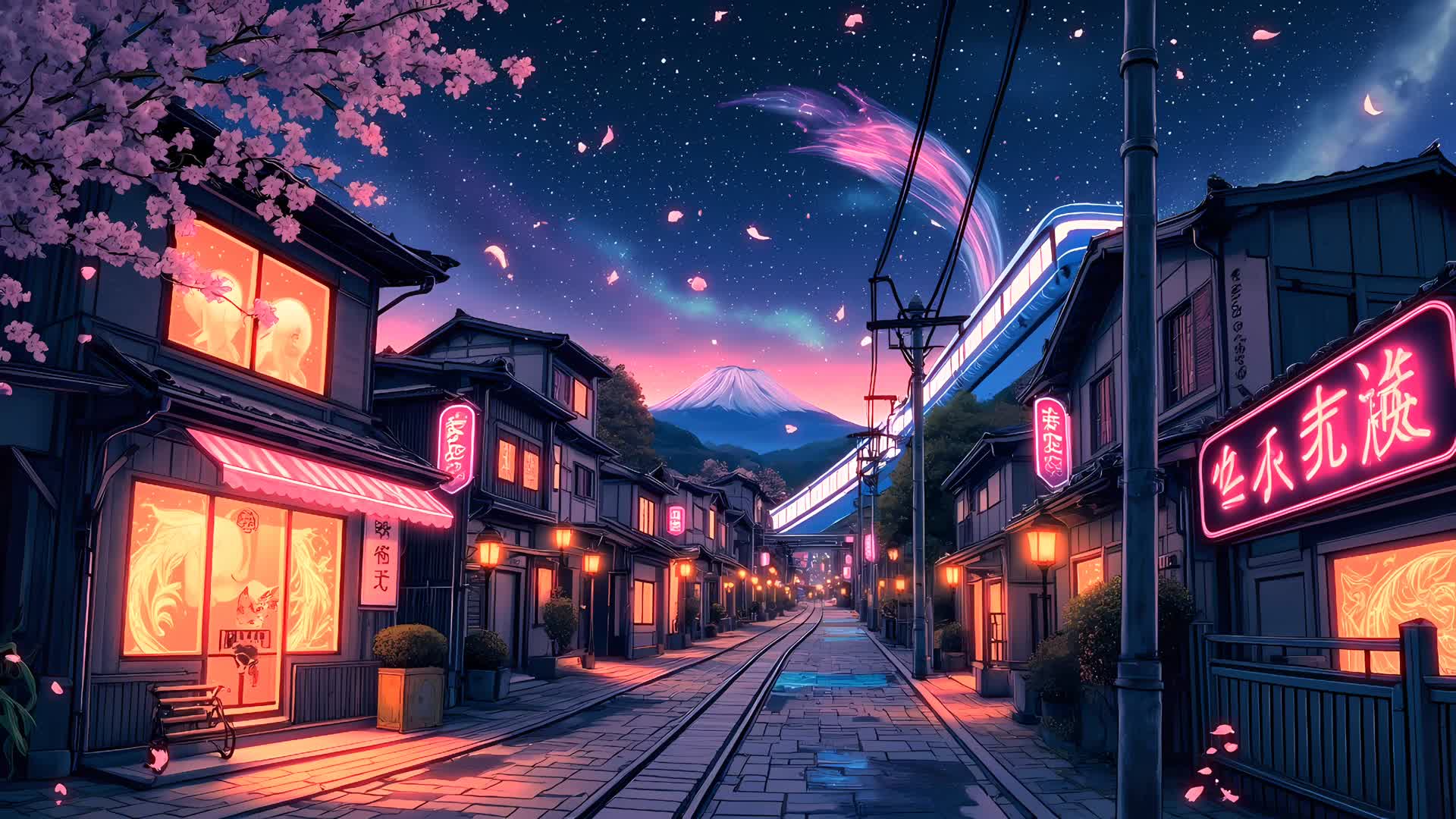 Cherry blossom over a street lit with neon signs
