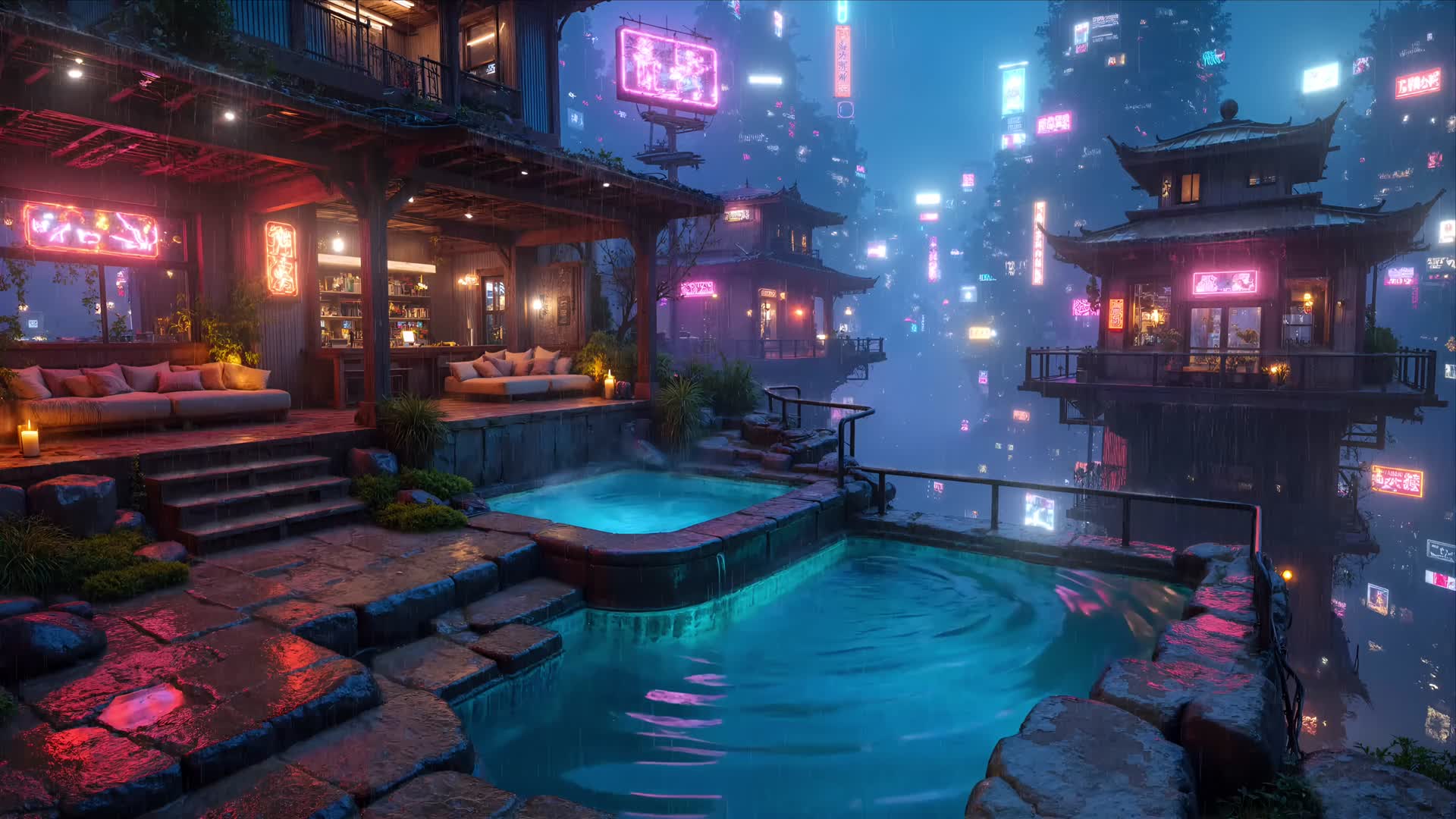 A steaming pool on a rainy terrace, pagodas and neon signs beyond