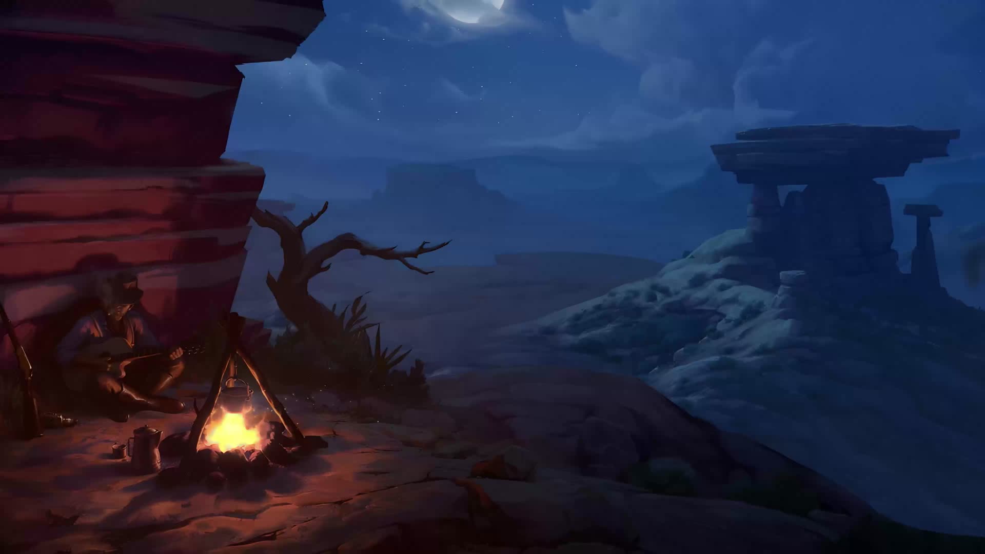 A campfire burning under a desert night sky