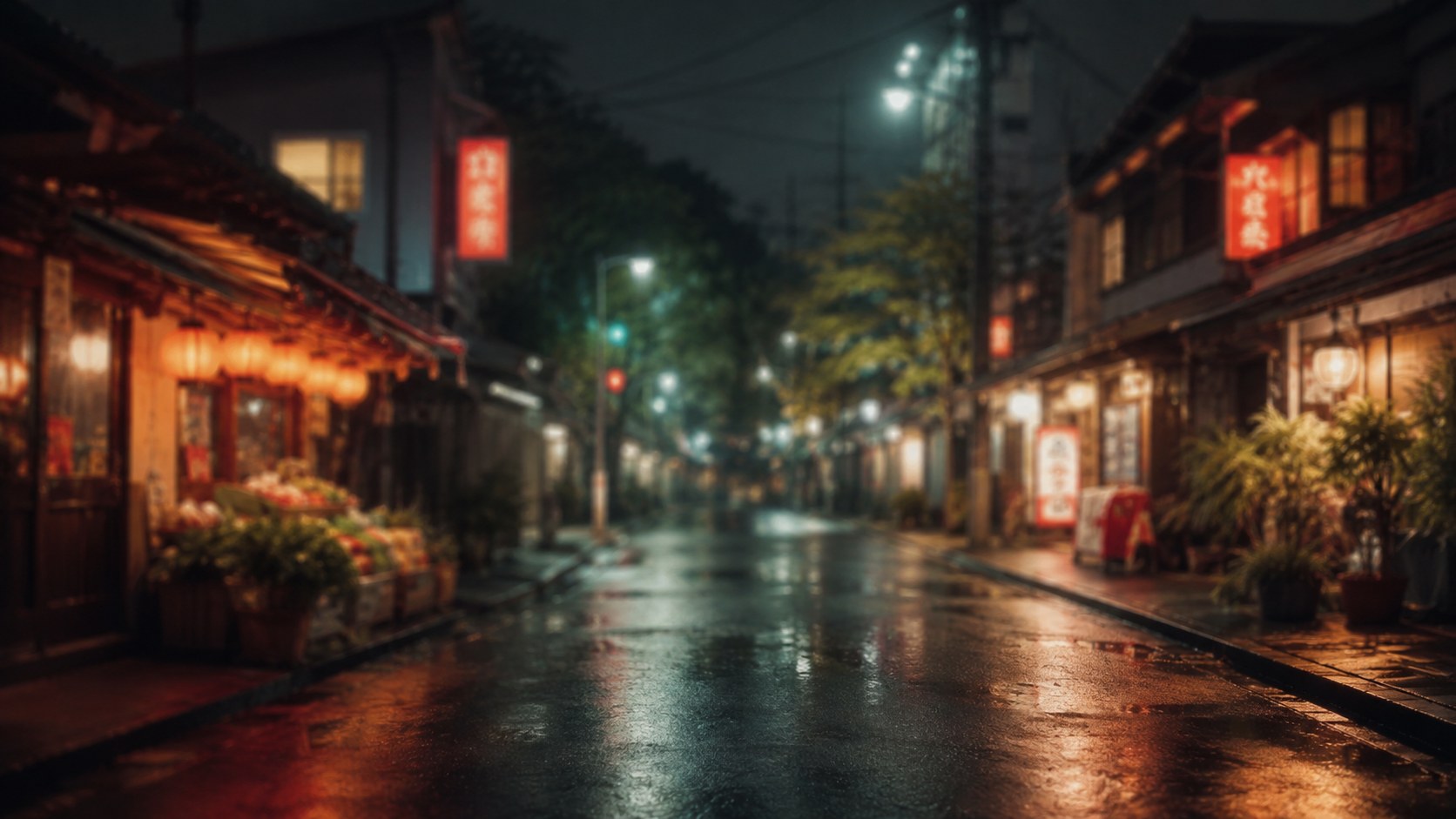 Tokyo at night in the rain, the neon signs blurred